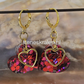 RD 0050: Schattige oorbellen Rood Hartje Glitters