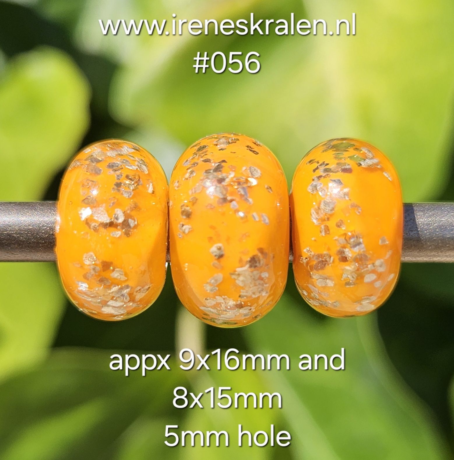 IKGE012: Set van 3x GrootGatKraal DonkerGeel/LichtOranje & GoudVlokken (5mm gat)