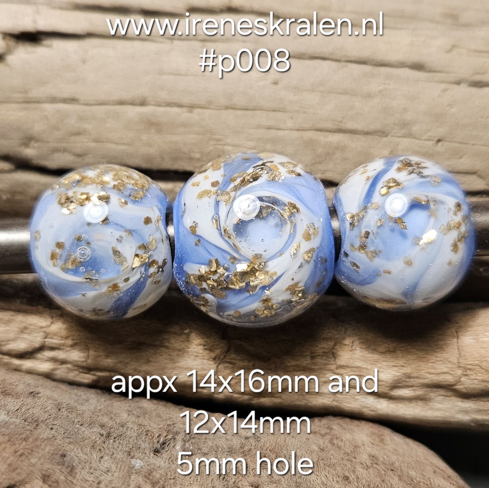 IKBL0016: Set van 3x GrootGatKraal Blauw & GoudVlokken (5mm gat)