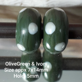 IKGR0162: Set of 2xBigHoleBead, OliveGreen Dots, appx 7x14mm (5mm hole)