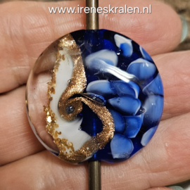 IKBL0068: Grote lentil blauw/aventurijn/goudvlokken, ca 31mm