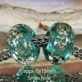 IKOC0009: Set GrootGatKralen Teal & GoudVlokken erin, ca 8x15mm (5mm gat)