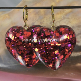 RD 0024: Oorbellen met grote GlitterHarten Rood