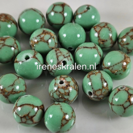 GG 044: Rond Steen Howliet Goud Geaderd Groen/Turquoise, ca  8mm