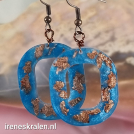 TU0018: Oorbellen Resin DonkerAqua met Koperfoil