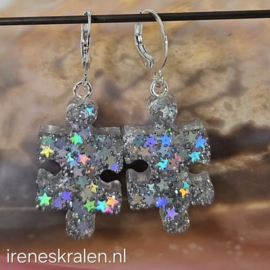 WI 0035: Oorbellen PuzzelStukjes Zilveren Glitters