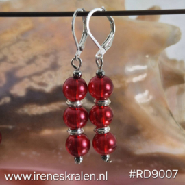 RD 9007: Oorbellen met GlasParels Transparant Rood 8mm