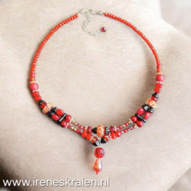RD 0008: Deels Dubbele Ketting gemeleerd Rood, ca 47cm + verlengketting