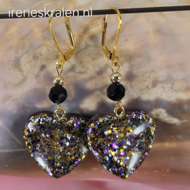 ZW0035: Glitter Oorbellen Zwart/Goud/Paars