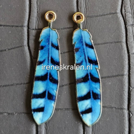 BDM 0019: Set van 2 Bedels Veren/goudkleur, ca 37mm Aqua/Blauw