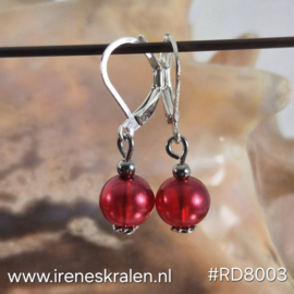 RD 8003: Oorbellen met GlasParels Transparant Rood 8mm