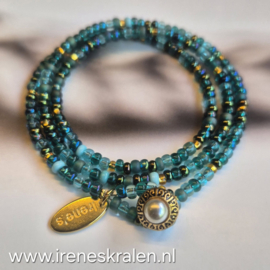 TU0003: Wikkel-Armband Turquoise met pareltje, ca 55cm