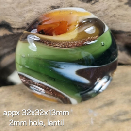IKGR0001: Grote Focal Kraal Lentil Groen & Bruin met Aventurijn, ca 32mm MONA