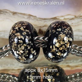IKZW0007: Set GrootGatKralen Zwart & GoudVlokken erin, ca 8x15mm (5mm gat)