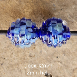 IKBL0047: DuoSet Blauw/Turquoise FritKralen met Ribbeltjes, ca 12mm