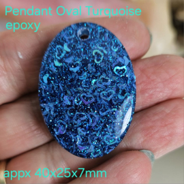 EP023: Hanger Ovaal DonkerTurquoise met glimmende Hartjes, ca 40mm