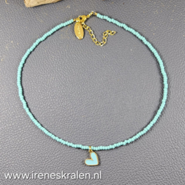 TU0003: Ketting turquoise met hartje, ca 40cm + verlengketting