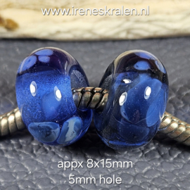 IKBL0053: Set van 2x GrootGatKraal Blauw frit, ca 8x15mm (5mm gat)