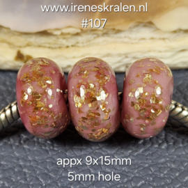 IKRZ0013: Set van 3x GrootGatKraal Roze & Goudvlokken, ca 9x15mm (5mm gat)