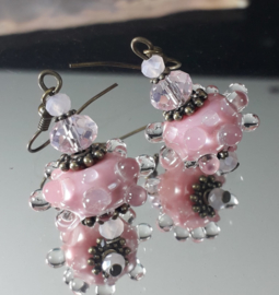 RZ 0001: Lampwork Oorbellen Roze & Koper