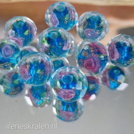GAq019: FacetKraal Aqua met bloemen, ca 9x11mm