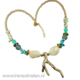 TU0026: Zomerse Ketting Turquoise, Ivoor & Goudkleur