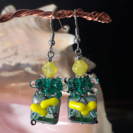 GR090: Lampwork Oorbellen Teal & Geel