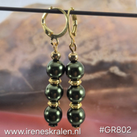 GR802: Oorbellen met GlasParels OlijfGroen 8mm