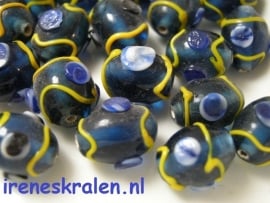 GBL 900 Donkerblauwe kraal met gele sliertjes #India Lampwork#