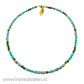 TU0000: Ketting Teal/Groen facet glaskraaltjes, ca 41,5cm