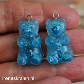 EP002b: Paar GummieBeertjes LichtBlauw/Turquoise Glitters, ca 25mm