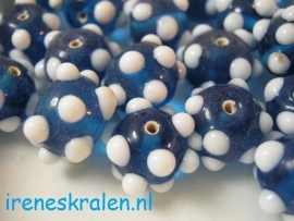 GAq660: Bobbelkraal donkeraqua/wit, lampwork, 13mm #India Lampwork#