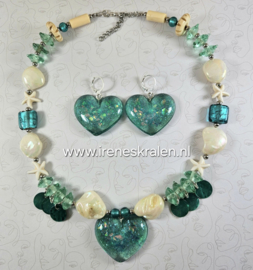 TU0005: Set van ketting en oorbellen Teal & Ivoor