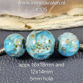 IKOC0051: Set van 3x GrootGatKraal TurquoiseBlauw & GoudVlokken (5mm gat)