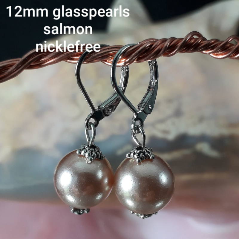 RZ 0007:Earrings with 12mm GlasPearls Pinkish/Salmon