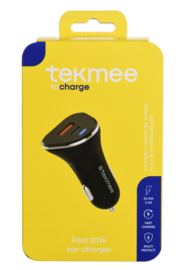 Tekmee auto adapter 2 poorten Type-C+USB snellader 20W 3A