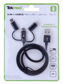 Tekmee 3in1 oplaadkabel MicroUSB-Iphone-USB C 