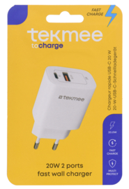 Tekmee adapter 2 poorten Type-C+USB snellader 20W