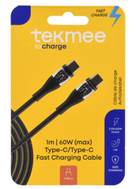 Tekmee snellaadkabel Type C 1 mtr 3.0A 60W (max) Crystal