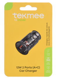 Tekmee auto adapter 2 poort Type-C+USBlader 12W 2.4A Crystal