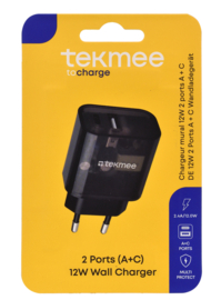 Tekmee adapter 2 poorten Type-C+USB lader 12W 2.4A Crystal