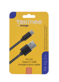 Tekmee data/oplaadkabel nylon 2A 1 mtr Type C