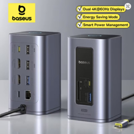 Baseus 12-in-1 USB-C Hub Docking Station – Dual HDMI 4K@60Hz, 100W PD, USB 3.2 10Gbps, Ethernet RJ45, SD/TF – voor Windows & Mac