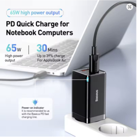 Baseus GaN5 Pro 65W Snellader | Dual USB-C Fast Charger PD & QC 4.0 voor iPhone 17 / 16 / 15 / 14 / 13, Laptop & Tablet