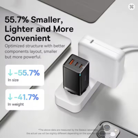 Baseus GaN5 Pro 65W Snellader | Dual USB-C Fast Charger PD & QC 4.0 voor iPhone 17 / 16 / 15 / 14 / 13, Laptop & Tablet