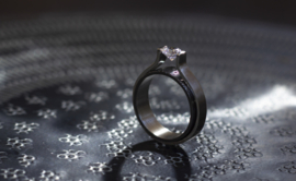 Titanium Solitair ring met zwarte zirkonium vingerafdruk ring