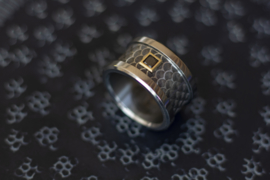 Titanium of zirkonium blanke ring met Zwarte Carré diamant en gouden zetting.