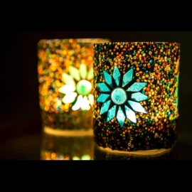 Waxinehouder - cilinder glas & kralen | multicolor