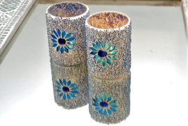 Waxinehouder - cilinder glas & kralen | blauw