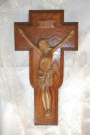 Prachtig brocant eikenhouten kruisbeeld met Jezus (51 cm)
